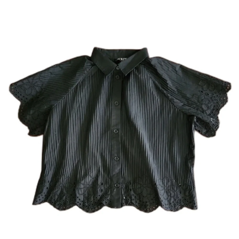 J. Crew Black Eyelet Pleated Short Sleeve Blouse - Picture 1 of 3